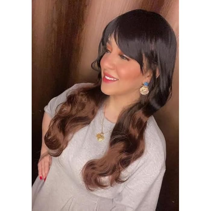 DILLARDS Long Wavy Wig With Bangs, Black To Brown Ombre, Heat-Safe Synthetic Hair - Image 4